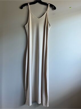 Mancyfit XL Beige Nude Full Length Slip Dress V Neck Spaghetti Strap Lingerie